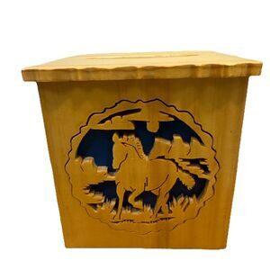 Wooden Horse Carved Tissue Box Cover Rustic Western Decor Laser‑Cut Detail